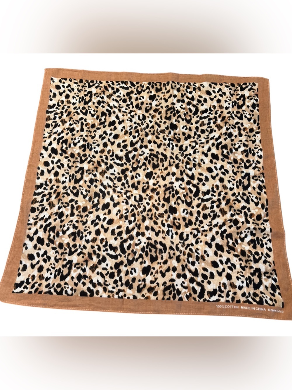Cotton leopard print square scarf, brown edge. All season weight. Vintage.